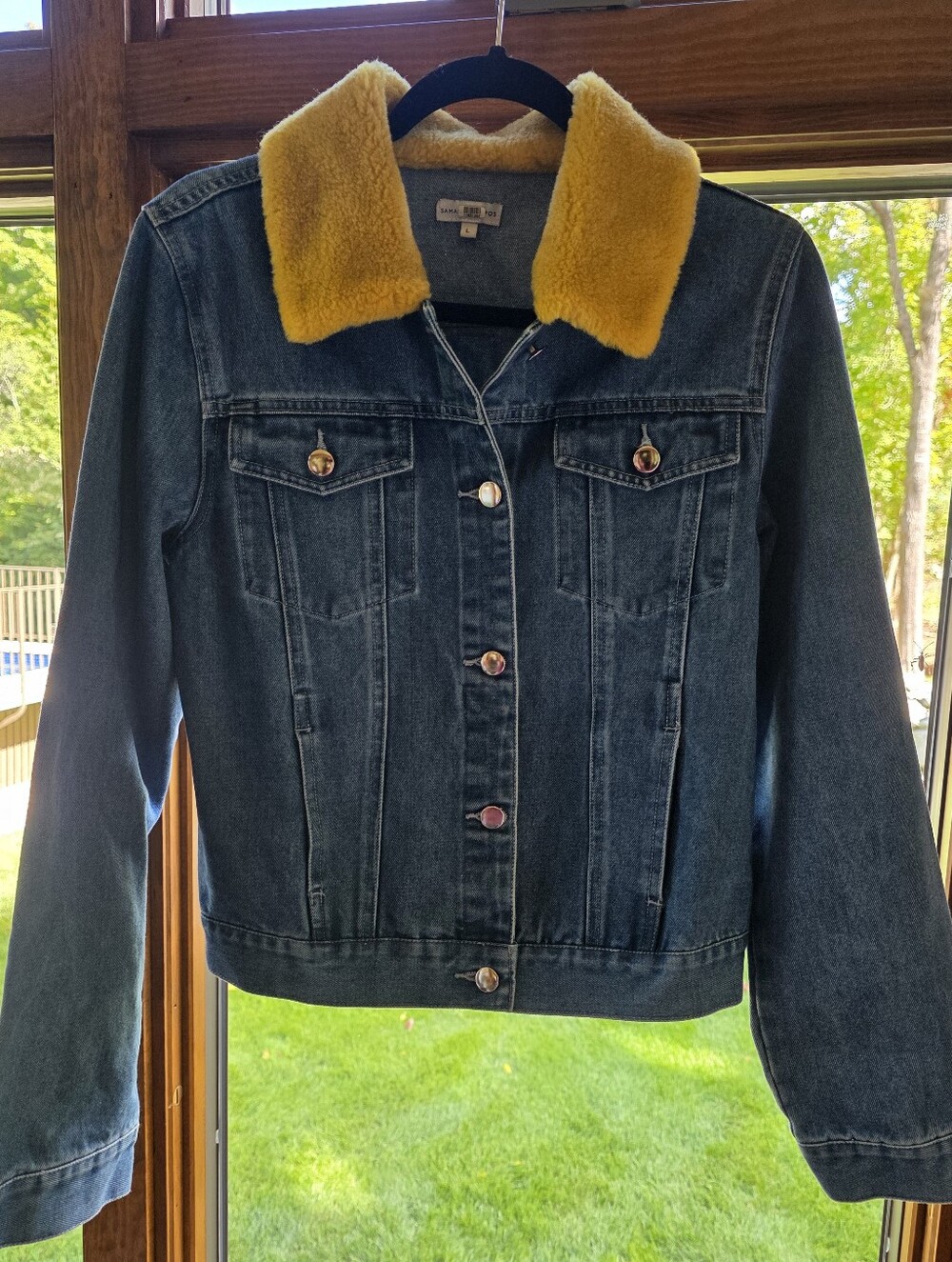 Samantha Sipos Denim Babe Jacket Yellow Faux Fur Collar Sz Large 100% Cotton EUC